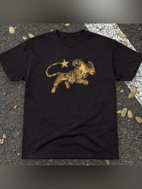 Gildan Black Tee with Gold Leopard and Star Graphic